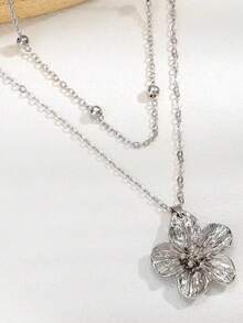 1 时尚褶皱花朵吊坠项链，搭配时尚五瓣花锁骨链，适合送礼和女性日常派对佩戴 - 銀色 - 查看 4