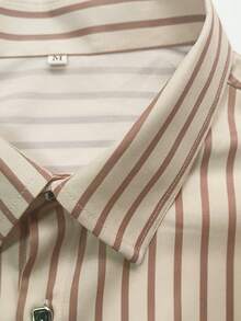 Men's Printed Striped Silver Trim Button Formal Long Sleeve Shirt, Fall - Khaki - View 8