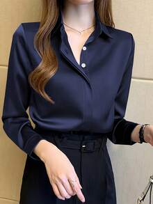 女士优雅黑色长袖衬衫，半透明涤纶，纽扣细节，适合春/夏/秋季 - 藍色 - 查看 2