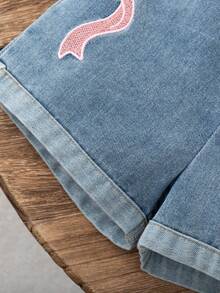 2 件套女婴休闲百搭蝴蝶结印花无袖上衣 + 可爱休闲蝴蝶结刺绣牛仔背带裤 - 白色 - 查看 6