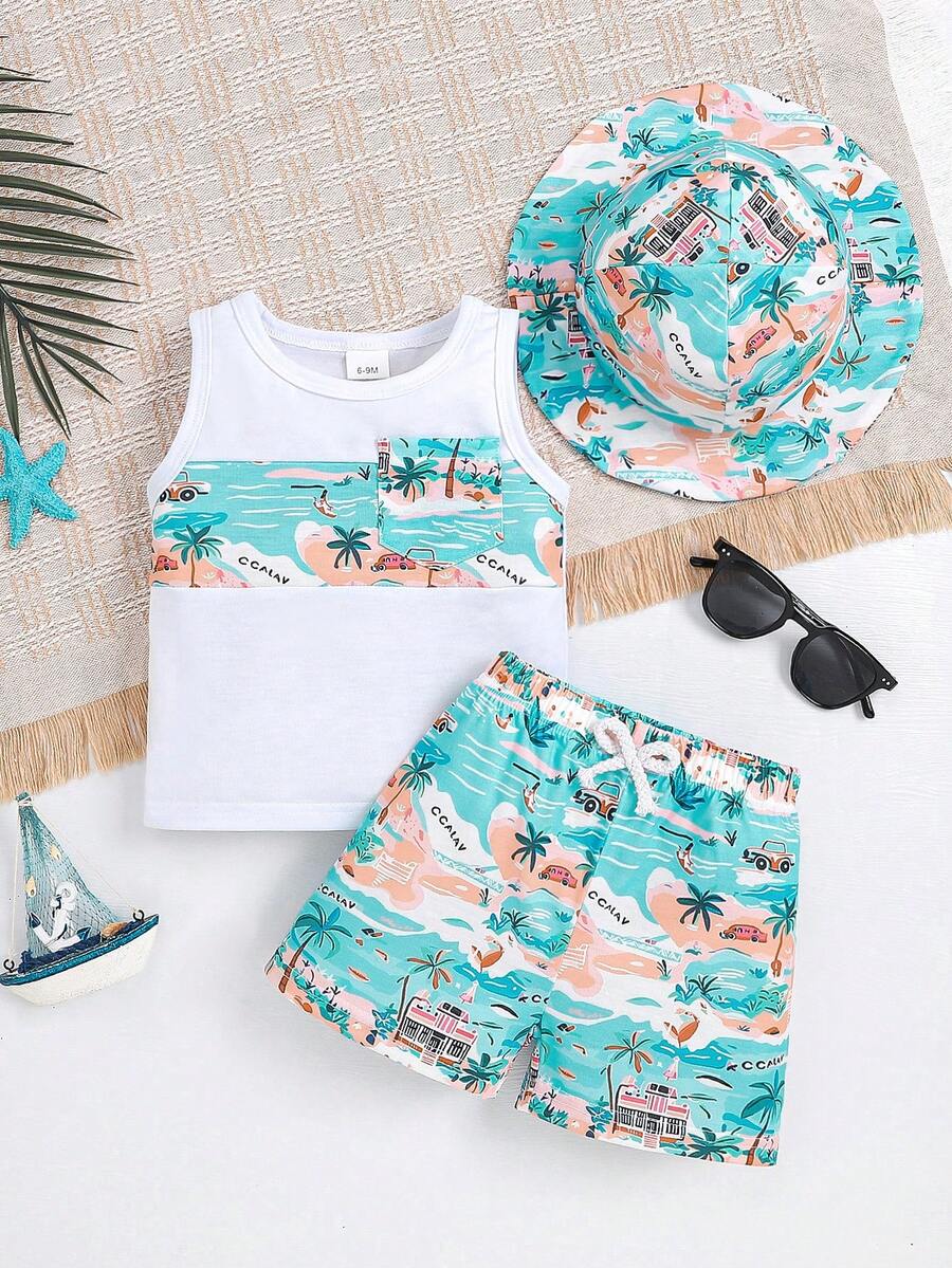 3 件套时尚男婴树叶和汽车印花衬衫、印花短裤和帽子套装，夏季 - 淺藍色 - 查看 1