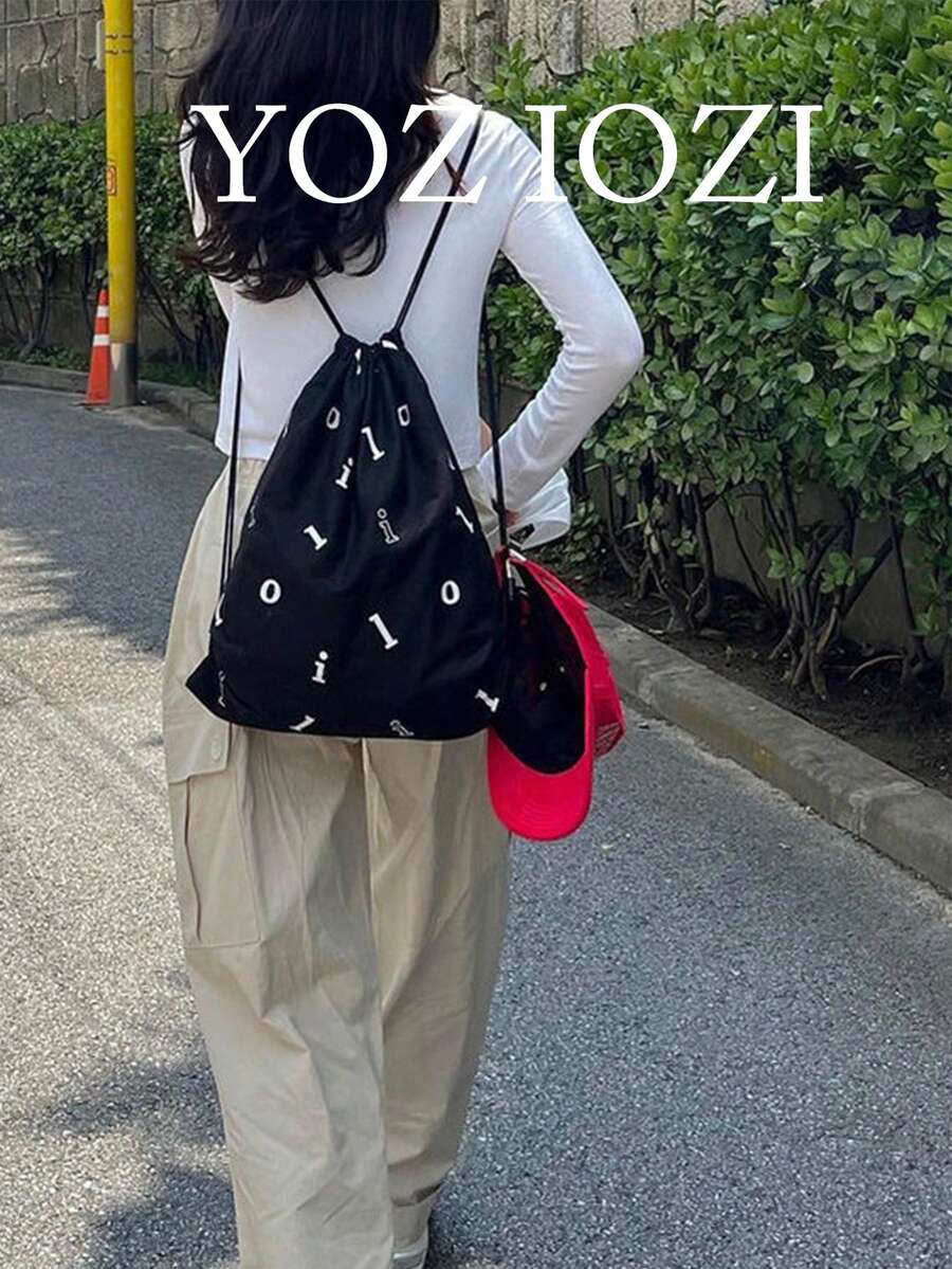 Back To School Letter Print Drawstring Black Student Backpack, Casual Lightweight Backpack For Female Students - Black - View 1
