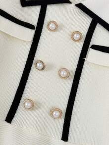 1pc Fashion Collared Black Trim Long Sleeve Knitted Dress, White Ruffled Sweater Dress' - Beige - View 5