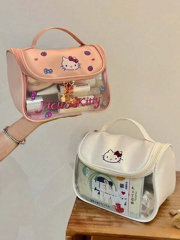 Sanrio 1pc Hello Kitty Large Capacity Waterproof Makeup Bag, Cute Pink PU Cosmetic Organizer Pouch With Zipper Closure, Animal Print Design, Portable Toiletry Bag For Women (Bag Pattern Randomly Assorted)