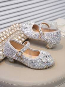 1 paire de chaussures à talons hauts avec nœud paillettes pour filles, nouvelles chaussures de princesse élégantes pour le printemps/été, polyvalentes et confortables, convenant aux représentations, défilés et occasions formelles, avec fermeture à boucle et à crochet réglable