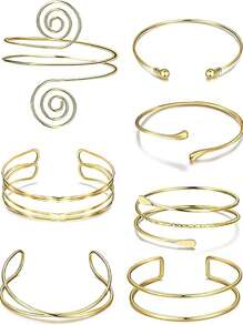 Conjunto de 7 brazaletes de mujer estilo europeo y americano, con diseños de gota de agua, geométricos, espirales y cruces huecos, de metal ajustable y abrible