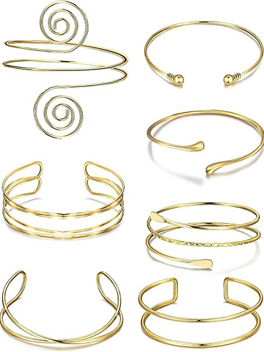 Conjunto de 7 brazaletes de mujer estilo europeo y americano, con diseños de gota de agua, geométricos, espirales y cruces huecos, de metal ajustable y abrible