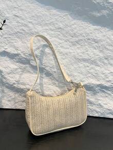 春夏新款编织单肩包腋下法棍包百搭街头逛街小包月牙包度假沙滩编织休闲包上班通勤 - 米色 - 查看 1