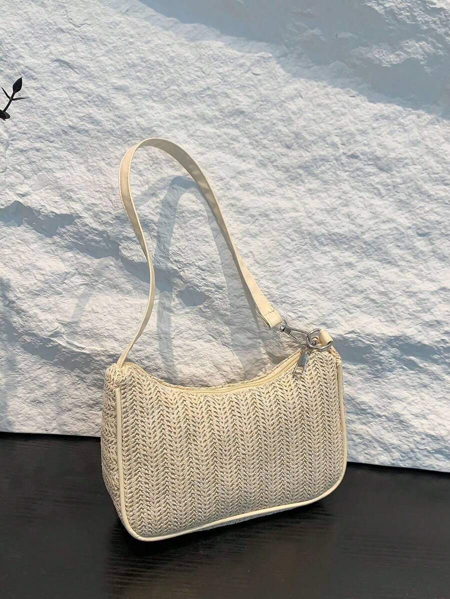 春夏新款编织单肩包腋下法棍包百搭街头逛街小包月牙包度假沙滩编织休闲包上班通勤 - 米色 - 查看 1