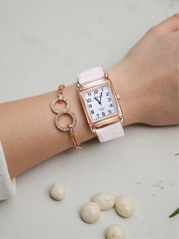 1 Stück Uhr für Frauen, Luxus Mode quadratisches Zifferblatt in Roségold, weißes Lederarmband, Lässig Quarz Armbanduhr für Herren und Damen, ideale Wahl als Geschenk