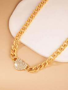 1pc Rhinestone Heart Chain Necklace, Suitable For Everyday Wear And Parties, Without Gift Box - Yellow Gold - View 4