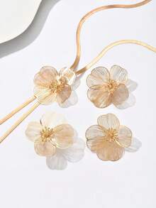 4pcs/1 Pair/1pc Elegant Necklace, Earrings, Ring Jewelry Set For Women, Fashionable European And American Exaggerated Metal Style, Creative Hollow Flower Geometric Shape, Flat Snake Chain, Y-Shaped Long Tassel Necklace, Suitable For Daily Wear, Banquet, Celebration, Versatile Luxury Gift Accessories - Golden - View 4
