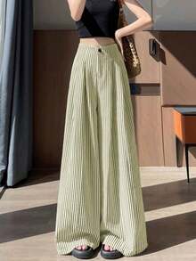 Quần dài cài nút họa tiết sọc màu tương phản dễ thương cho nữ mặc thường ngày/đi nghỉ/đi làm, mùa hè - xanh quân đội - Xem 3