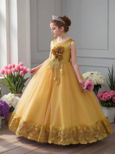 Tween Girls Solid Color Tulle 3D Floral Elegant Formal Dress, Suitable For Weddings And Parties, Excluding Headband