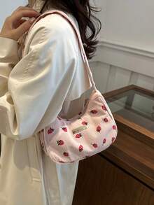 Fashionable Versatile Textured Solid Color New Plant Printed Shoulder Bag, Casual Simple Mini Baguette Square Crossbody Handbag For Women - Pink - View 3
