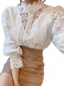 Women's Lace Blouse, Long Sleeve Shirt With Lace Buttons - trắng - Xem 6