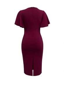 Vestido de verano de mujer de unicolor elegante y ajustado con cuello redondo y manga corta - Burdeos - Ver 4