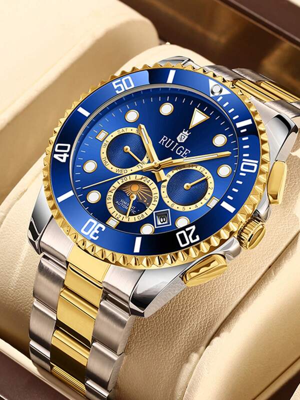 RUIGE RUIGE Fashion Men's Automatic Mechanical Watch, Stainless Steel Multi Functional Night Light Luxury Men's Watch With Calendar