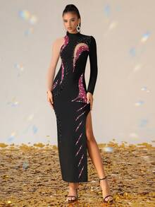 Love Aing Women's Handmade Rhinestone & Colorful Diamond Mesh Splice Slit Contrast Color Elegant Sexy Fitted Cocktail Party Dress, Suitable For Wedding Guest