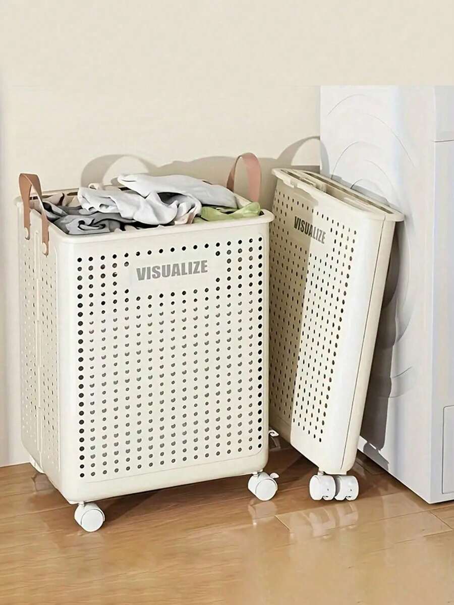 1pc Laundry Basket Cart With Wheels, Foldable Laundry Basket, Large Capacity, Versatile Portable Dirty Laundry Basket, Removable Storage, Suitable For Bathroom, Bedroom Or Laundry Room, Laundry Basket - 奶油色 - 查看 1