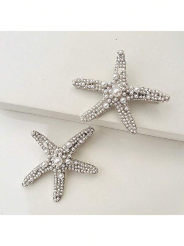 2pcs Ocean Theme Hair Accessories For Women - Starfish Hair Clips, Pearl Starfish Hair Clamp, Side Clamps Duck Clips, Beach Vacation Style Decorative Hairpieces