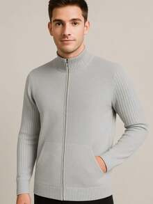 Men's Long Sleeve Jacket With Zipper And Pocket High Neck Autumn/Winter Cold Weather Blouse - Blue - View 8