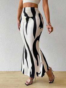 女士印花褶饰修身优雅美人鱼下摆铅笔裙，简约时尚，适合夏季 - 彩色 - 查看 3