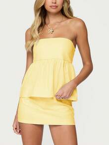 Two Piece Skirt Set For Women Summer Strapless Ruffle Trim Tube Tops Mini Skirt Set Going Out Outfits - Màu vàng - Xem 1