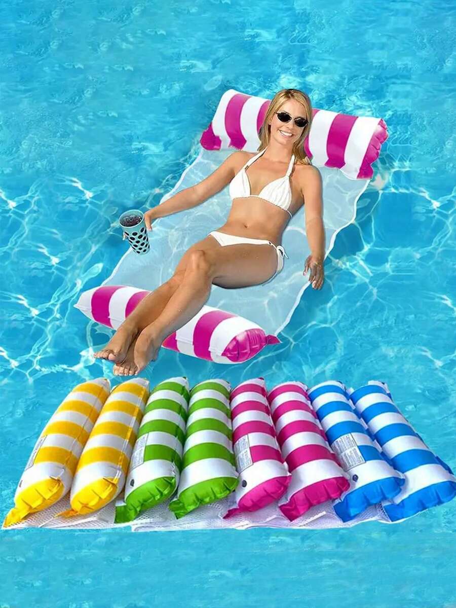 1pc Inflatable Striped Hammock Lounge Chair, Casual Net Floating Bed With Backrest, Foldable Floats For Beach Relaxation And Swimming Activities, Beach Essentials, Beach Accessories, Pool Float - Multicolor - View 1