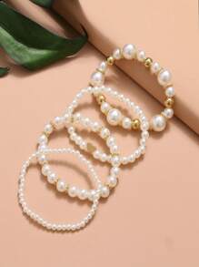 Set de 4 piezas de joyería con pulsera de cuentas y colgante con forma de corazón de perlas falsas, adecuado para niños, niñas, uso diario, festivales y fiestas