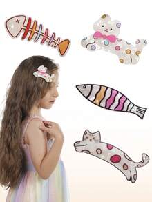 4件套可爱动物鱼骨和小猫休闲发夹和配饰，适合女孩 - 彩色 - 查看 2