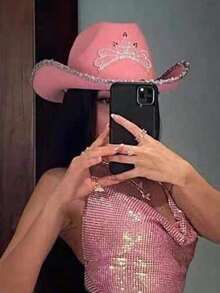 1pc Women's Autumn Party Rhinestone Pink Crown Cowboy Hat, Halloween Feather Edge Festival Party Hat Suitable For Daily Wear - Multicolor - View 4