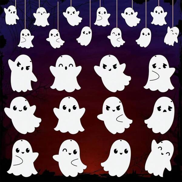 12pcs Halloween Wooden Hanging Ornaments, Wooden Ghost Pendant, Halloween Party Ornaments With Ropes For Home Decoration ,Happy 2025 Halloween