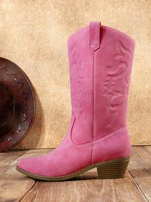 Women'S Cowboy Western Boots Point Toe Pull On Cowgirl Boots  Embroidered Detail Chunky Heeled Back To School Music Festival Matching Dress Mid Calf Hot Pink Boots - 玫紅色 - 查看 5