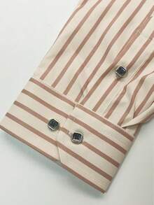Men's Printed Striped Silver Trim Button Formal Long Sleeve Shirt, Fall - Khaki - View 6
