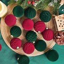 12pcs 8cm Flocked Christmas Balls, Burgundy/Dark Green Flocked Christmas Tree Hanging Ornaments For Christmas Holiday Decoration - Multicolor - View 11