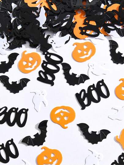 1 包万圣节装饰五彩纸屑黄色南瓜黑色蝙蝠嘘声和白色幽灵万圣节派对抛掷五彩纸屑用于万圣节派对桌面装饰，万圣节派对装饰用品。