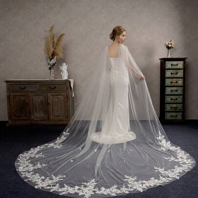 1pc Premium Lace Trim Net Bride Shawl, Long Bridal Cape Cloak For Wedding, Photo Shooting Accessory Fall Clothes For Women