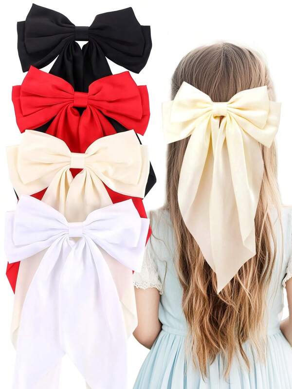 1/4Pcs Hair Bows Clips For Girls, Red Bow Pink Bows Bow Hair Clips For Girls Ribbons Bow Barrettes Satin Hair Bows Oversized Long Tail Clips On Bows Party Hair Accessories For Girls Daily Wear Birthday Gifts Holiday Decor