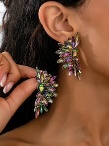 1 Pair European & American Fashion 3D Alloy Rhinestone Decorated Latin Dance Feather Stud Earrings (Red & Multicolor, Actual Color May Vary From Image) - Multicolor - View 6