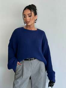Mujer Tejido Patchwork Casual Acanalado Ribete Contraste - Azul Marino - Ver 4