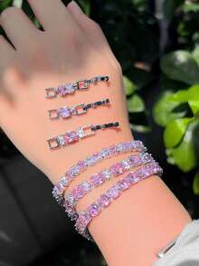 1条非常华丽的粉色立方氧化锆水晶订婚日常派对链网球手链，女士婚礼新娘珠宝礼物 - 粉色 - 查看 4