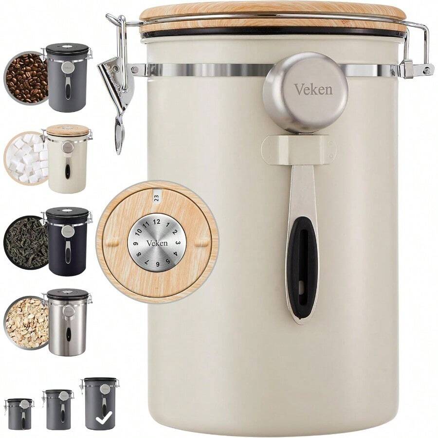 Veken Coffee Canister 39OZ Large Airtight Stainless Steel Food Storage Container For 2.2lbs Coffee Beans Ground Sugar Tea Flour Cereal Kitchen Bar Accessories With Date Tracker And Scoop Cream - 2-Cream - View 1