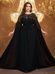 SUPGIR Abendkleid für Damen in Große Größen mit rundem Ausschnitt, Pailletten-Taillengürtel und Chiffon - Schwarz - Übersicht 3