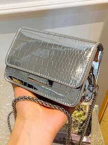 Bolso mini texturizado, bolso cruzado de cadena versátil de moda de verano 2025, bolso cuadrado mini elegante - Plateado - Ver 8