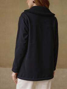 Chamarra abrigo afelpado borrega largo gorro integrado maga larga dos bolsas cierre botones interior forro calientito suave día noche fiesta otoño invierno vacaciones frío cómodo casual básico - Negro - Ver 2