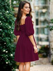 Vestido Corto de Escote Cuadrado con Manga Abullonada Casual para Mujer - Rojo violeta - Ver 4