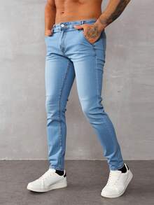 Jeans skinny para hombre en denim azul claro, ajustados y modernos, ideal para estilos casuales - Lavado ligero - Ver 1