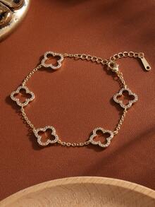 1 件奢华女士三叶草花卉水钻装饰手链，适合日常佩戴 - 手鍊 - 查看 2