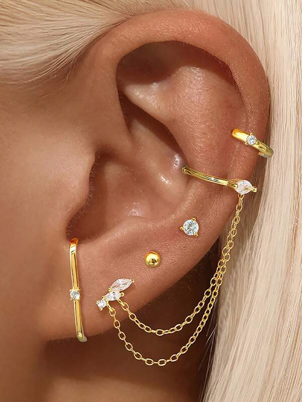 5 Pcs Perfect 24K Gold Plated Cubic Zirconia Chain Stud Earrings For Women Zirconia Hoop Earrings Set